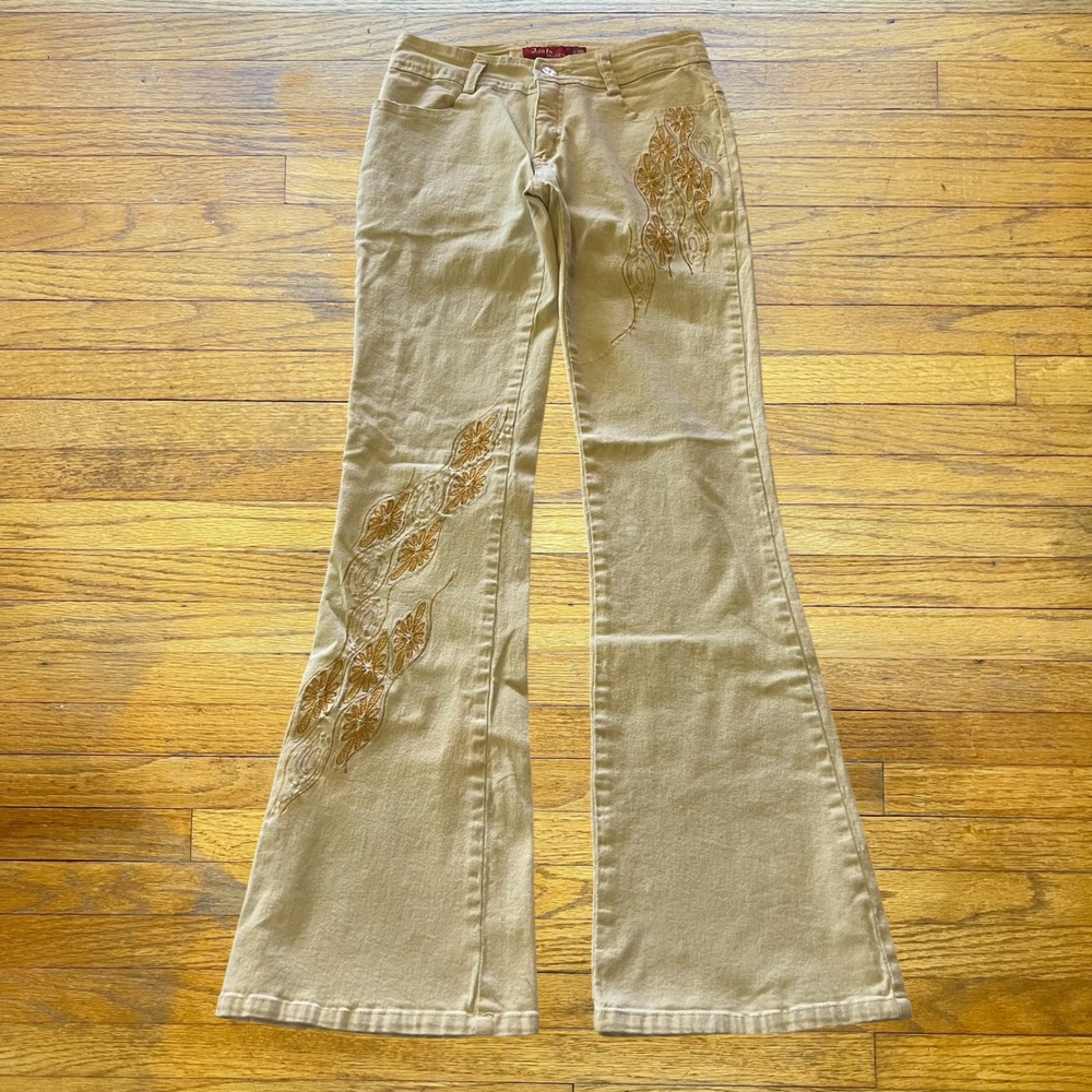 Joala Design Jeans Khaki Tan Floral Embroidered Bell Bottom Flare Pants Womens M